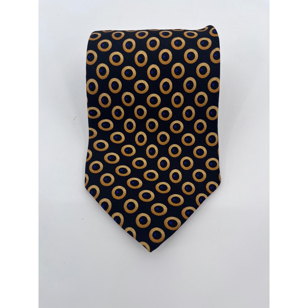 Fratelli Mens Silk Tie Black Gold Blue Geometric Circle Pattern Handmade Italy